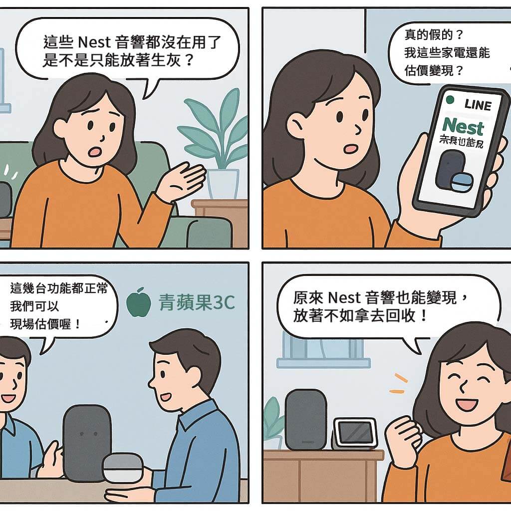 四格漫畫描繪女主角回收 Nest 音響的過程，從發現產品閒置，到估價與門市交易，最後開心變現。